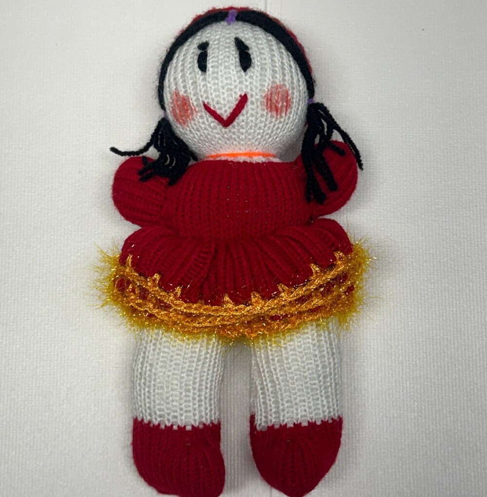 Vintage Hand Knit Izzy Style Comfort Doll Plush Red Dress Tinsel Skirt Yarn Hair